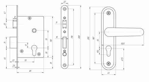 Замок врезной цилиндровый с защёлкой в комплекте с ручкой ЗВ4.2-08 (медь антик), 4 кл.