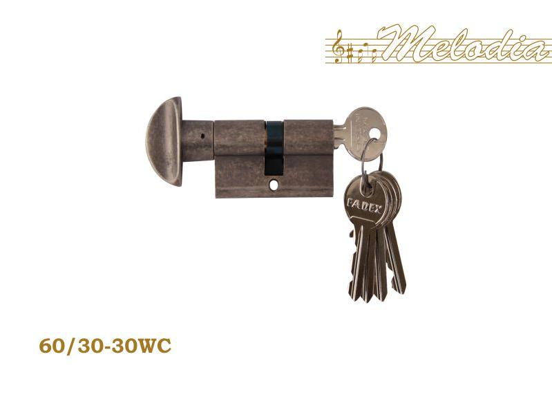 Цилиндр для замка Melodia 60mm (25+10+25) Античное серебро ключ/вертушка