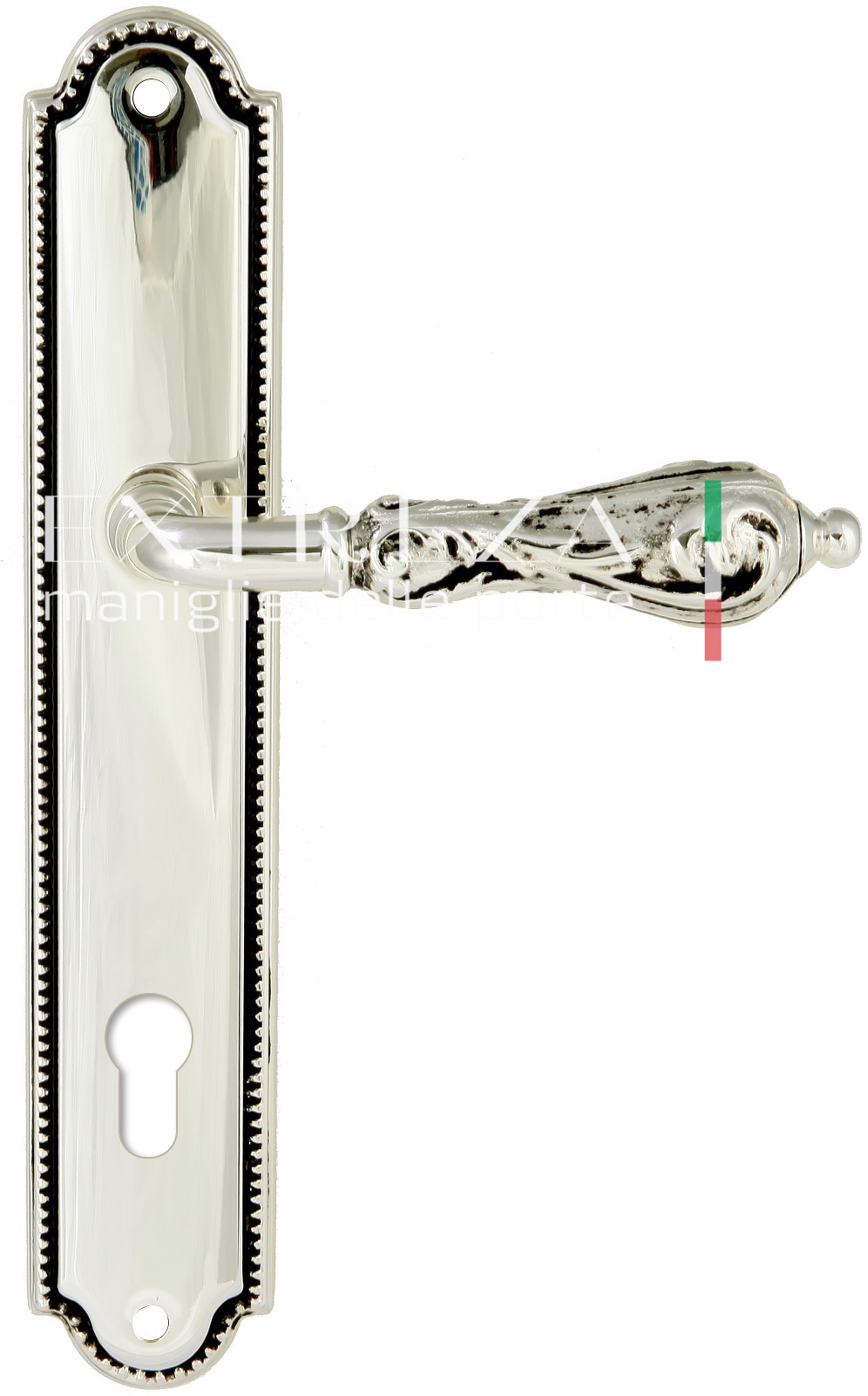 Ручка дверная Extreza GRETA (Грета) 302 на планке PL03 CYL натуральное серебро + черный F24