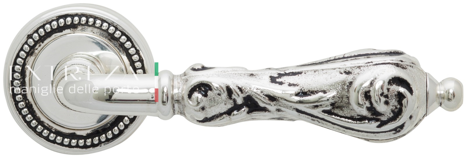 Ручка дверная Extreza GRETA (Грета) 302 розета R03 натуральное полированное серебро + черный F24