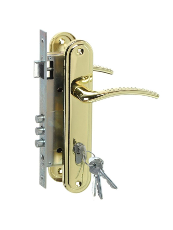 Замок Omega (Омега) врезной цилиндровый с защёлкой в комплекте с ручкой ЗВ4-85.27 (золото-лак), 4 кл.