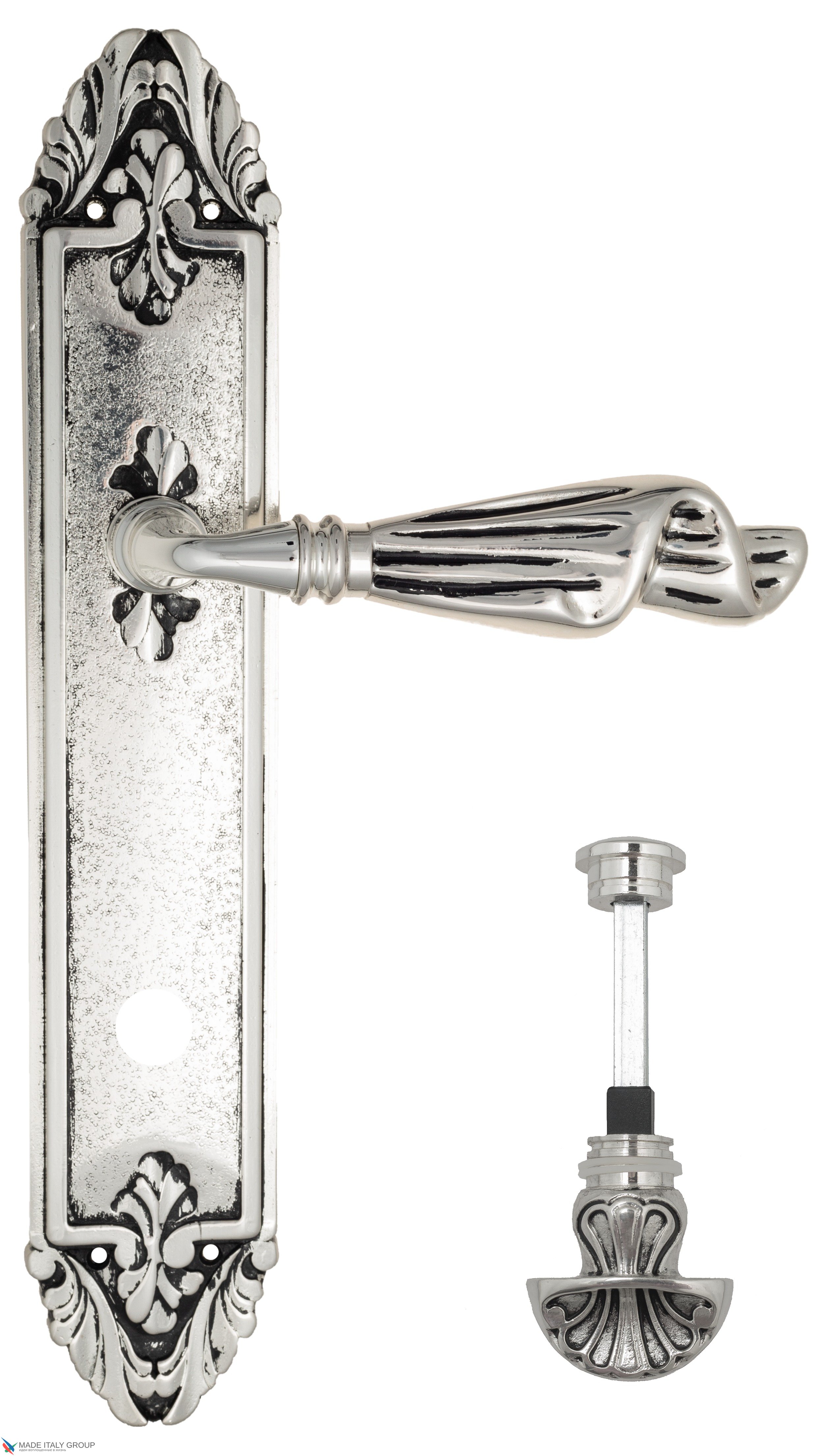Дверная ручка Venezia "OPERA" WC-4 на планке PL90 натуральное серебро + черный