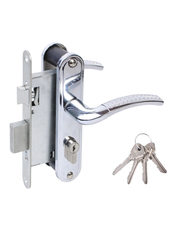 Замок Omega (Омега) врезной цилиндровый с защёлкой в комплекте с ручкой ЗВ4-55.27 (хром), 4 кл.