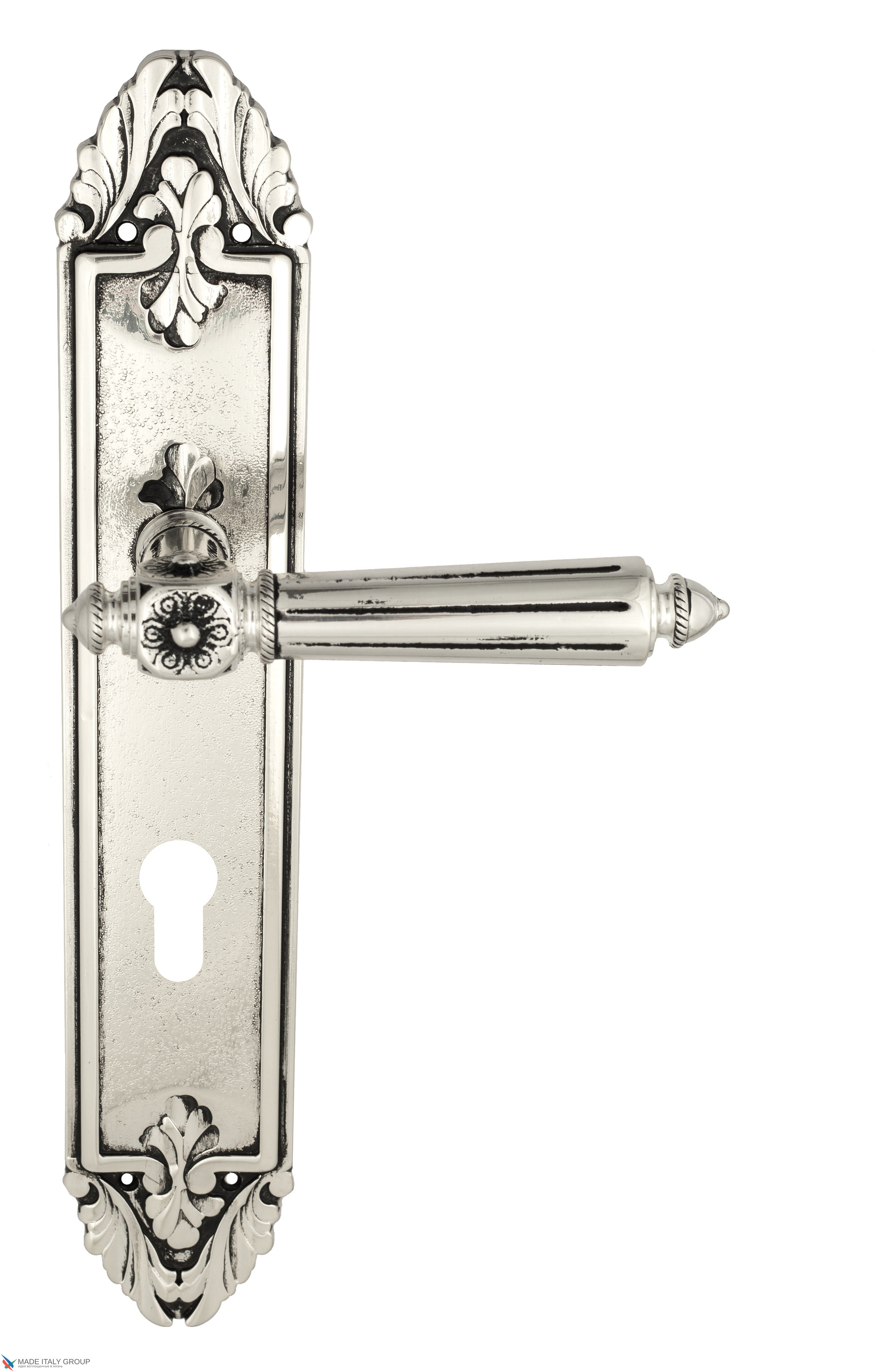 Дверная ручка Venezia "CASTELLO" CYL на планке PL90 натуральное серебро + черный