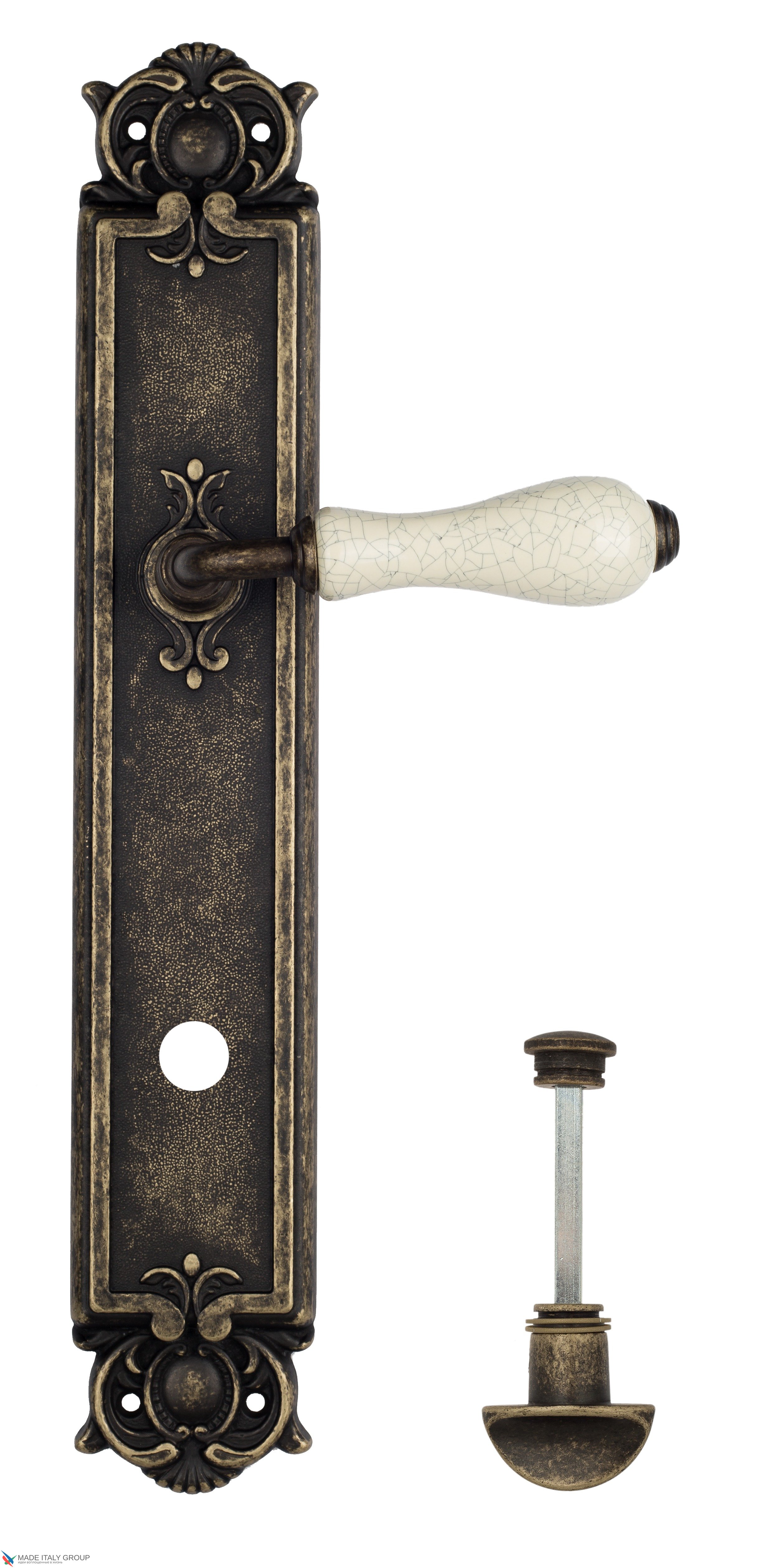 Дверная ручка Venezia "COLOSSEO" белая керамика паутинка WC-2 на планке PL97 античная бронза
