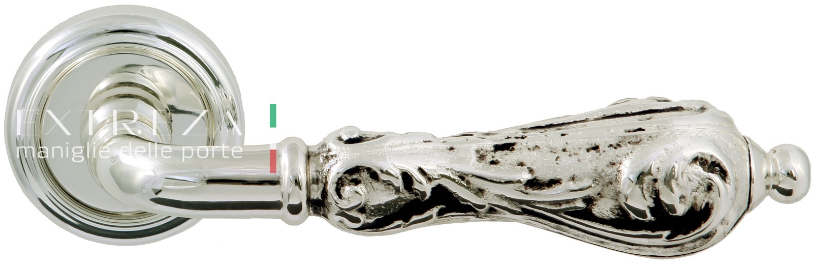 Ручка дверная Extreza GRETA (Грета) 302 розета R01 натуральное полированное серебро + черный F24