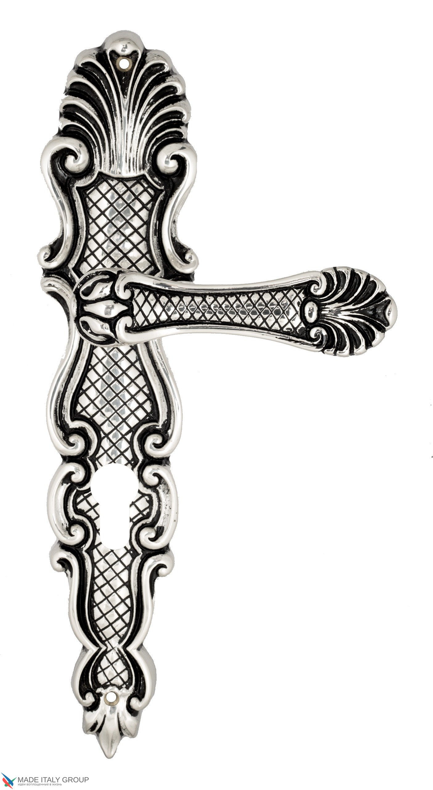 Дверная ручка Venezia "FENICE" CYL на планке PL92 натуральное серебро + черный