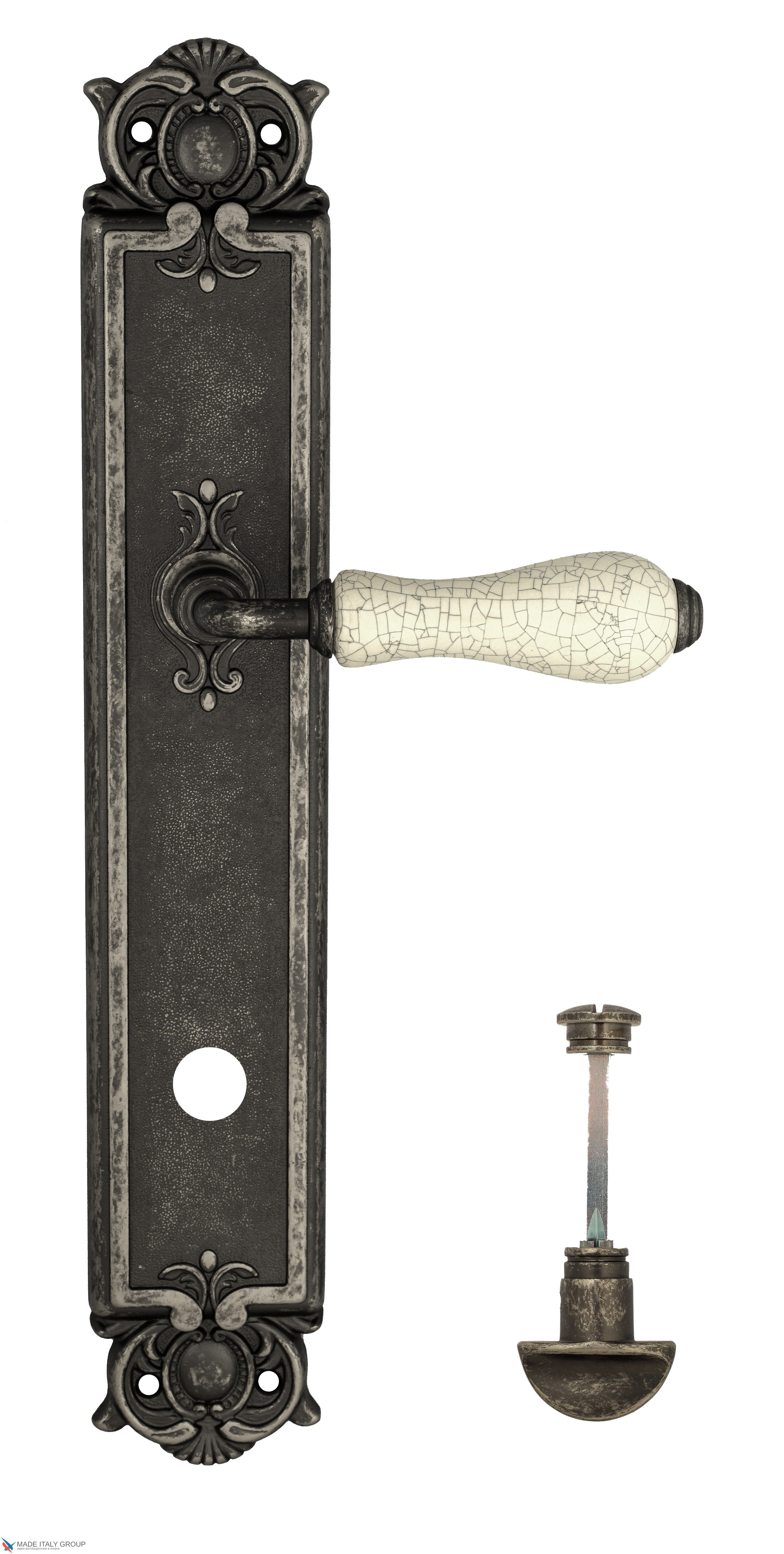 Дверная ручка Venezia "COLOSSEO" белая керамика паутинка WC-2 на планке PL97 античное серебро
