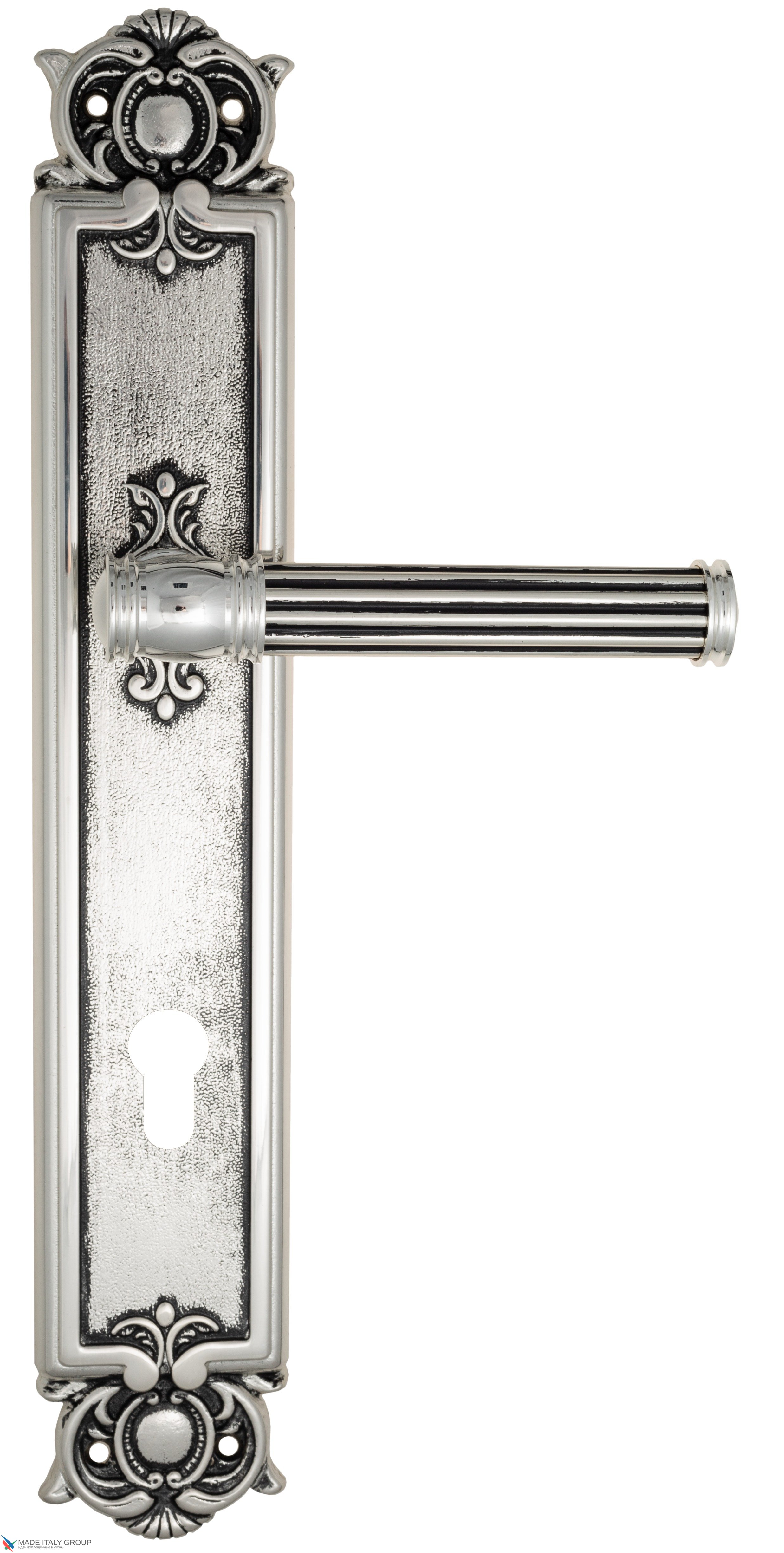 Дверная ручка Venezia "IMPERO" CYL на планке PL97 натуральное серебро + черный