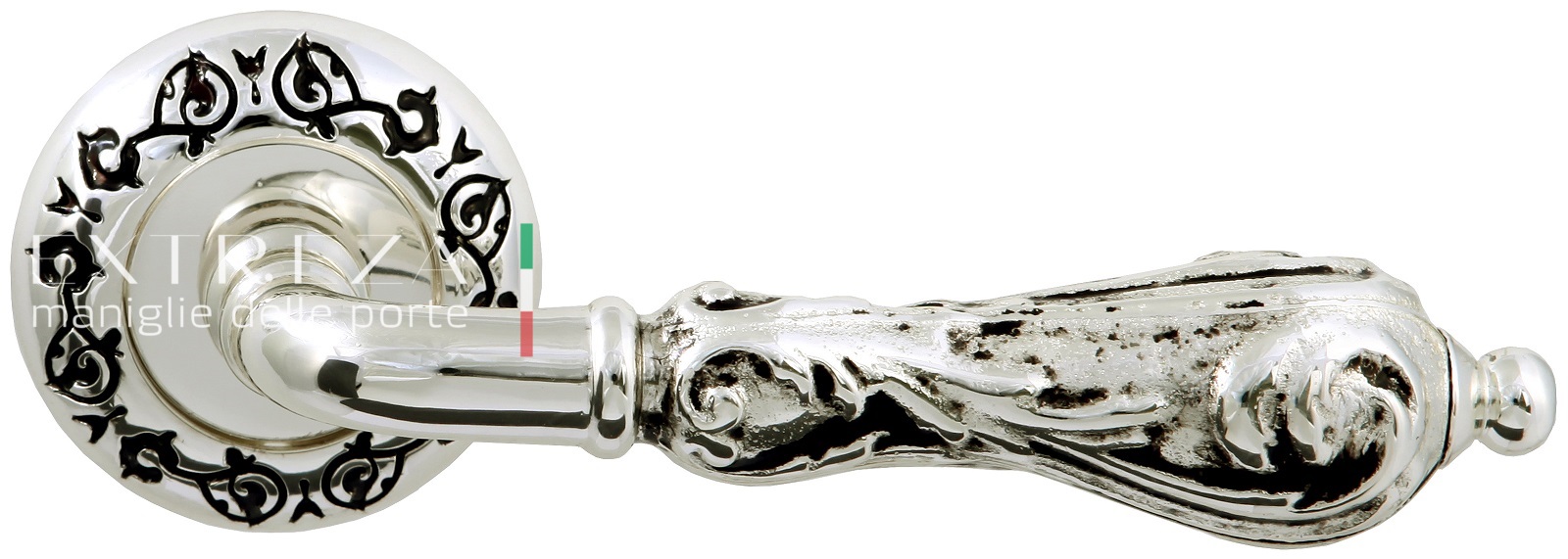 Ручка дверная Extreza GRETA (Грета) 302 розета R04 натуральное полированное серебро + черный F24