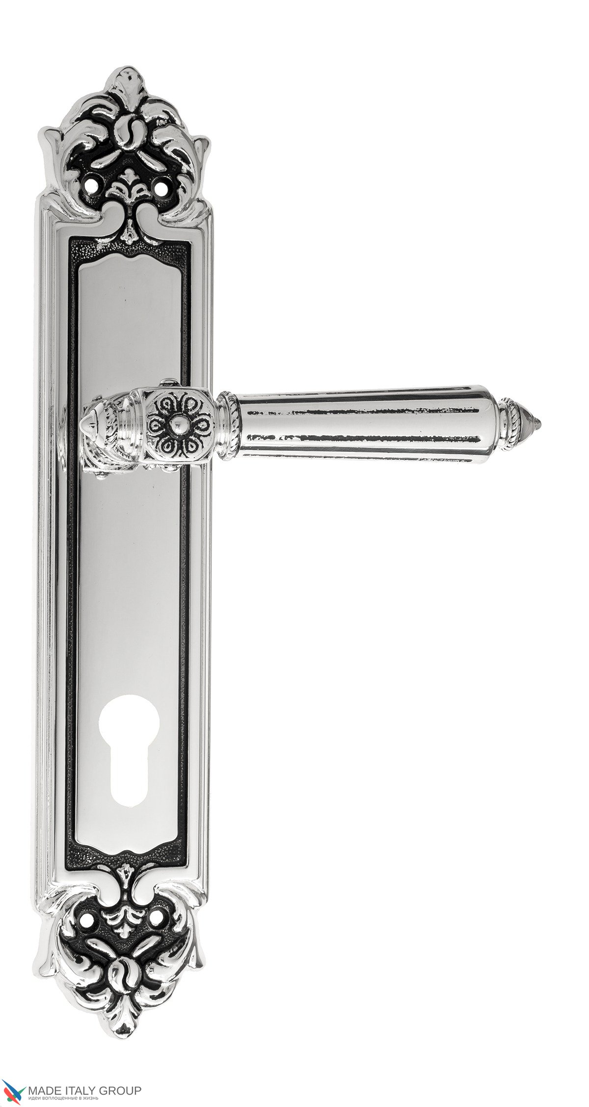 Дверная ручка Venezia "CASTELLO" CYL на планке PL96 натуральное серебро + черный