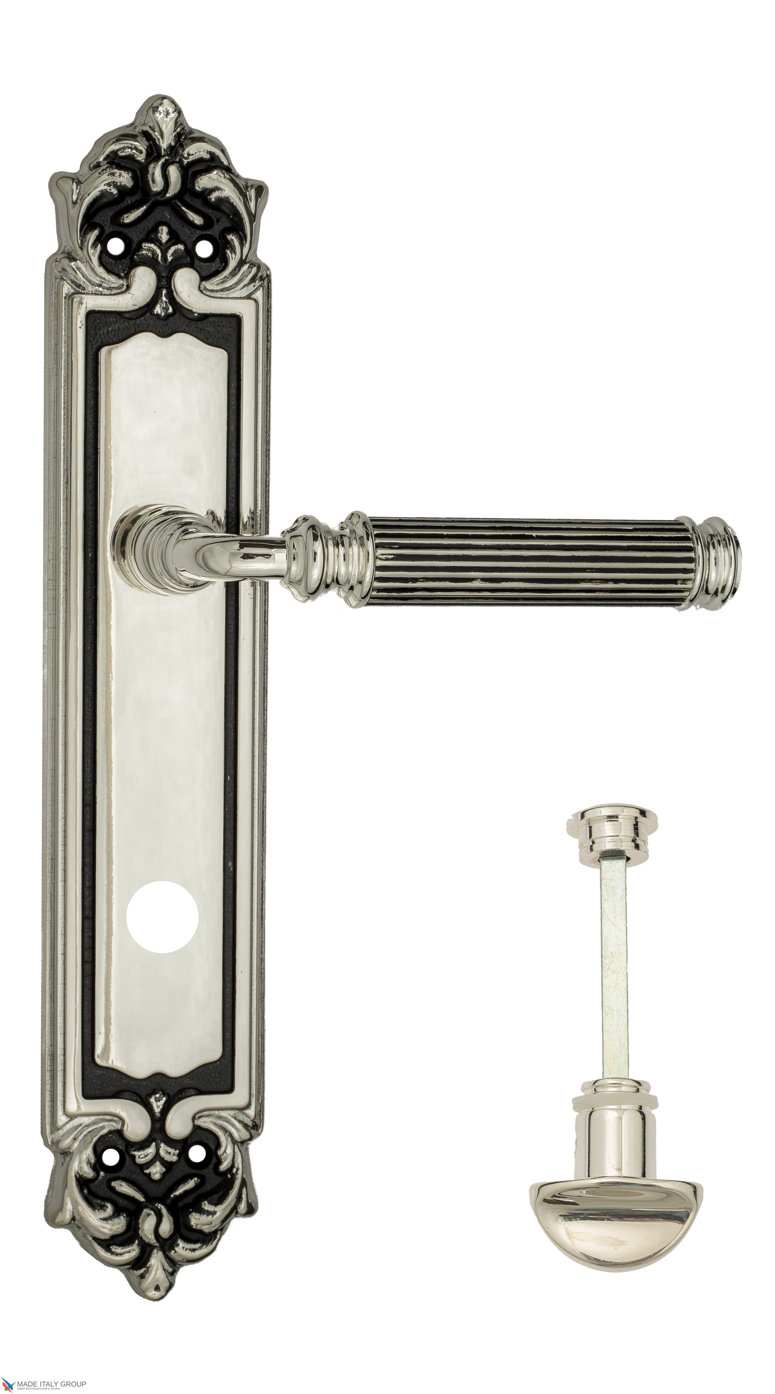 Дверная ручка Venezia "MOSCA" WC-2 на планке PL96 натуральное серебро + черный