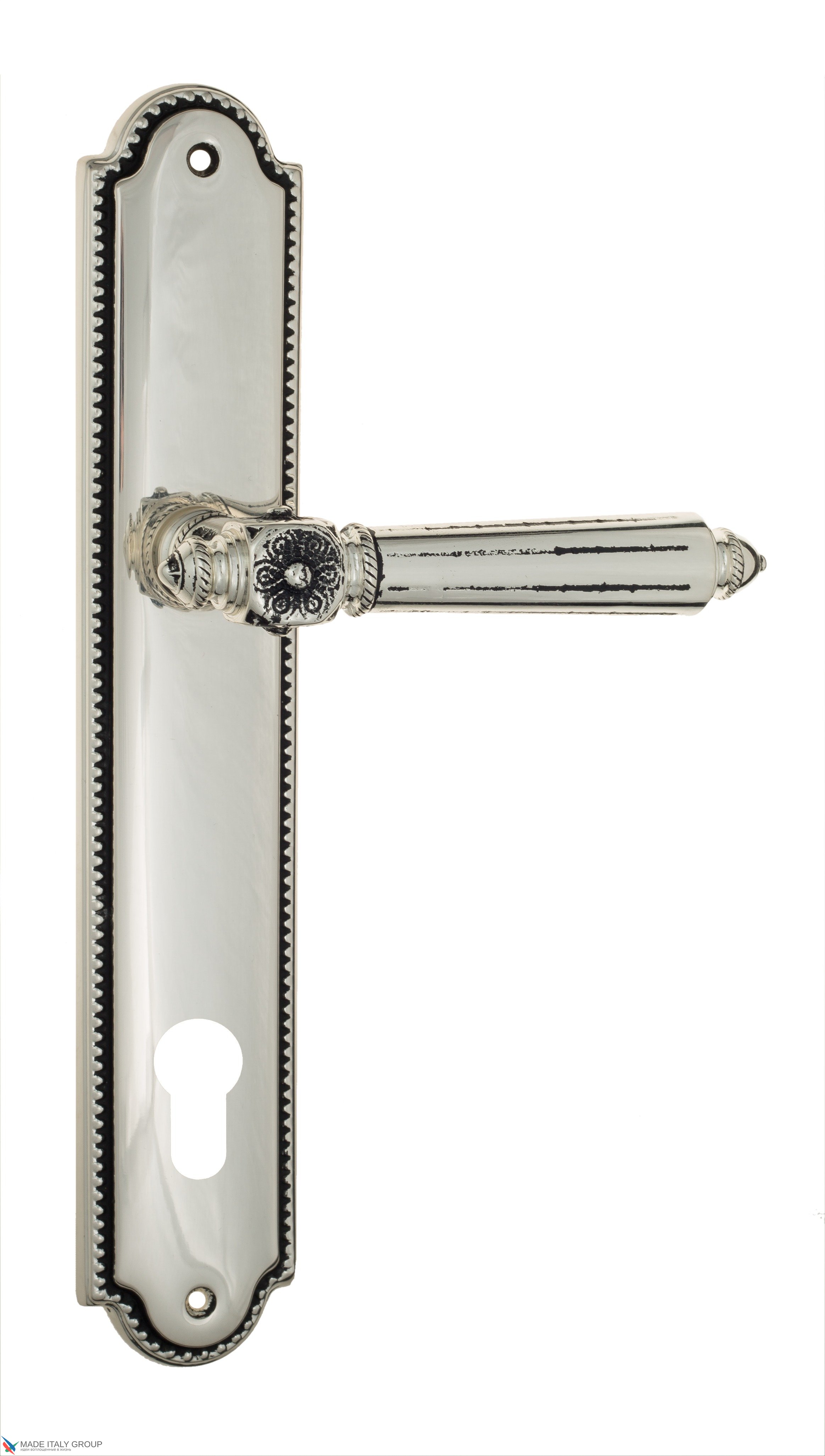 Дверная ручка Venezia "CASTELLO" CYL на планке PL98 натуральное серебро + черный