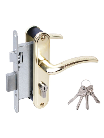 Замок Omega (Омега) врезной цилиндровый с защёлкой в комплекте с ручкой ЗВ4-55.27 (золото-лак), 4 кл.