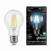 Лампа светодиодная филаментная Gauss E27 8W 4100К прозрачная 102802208