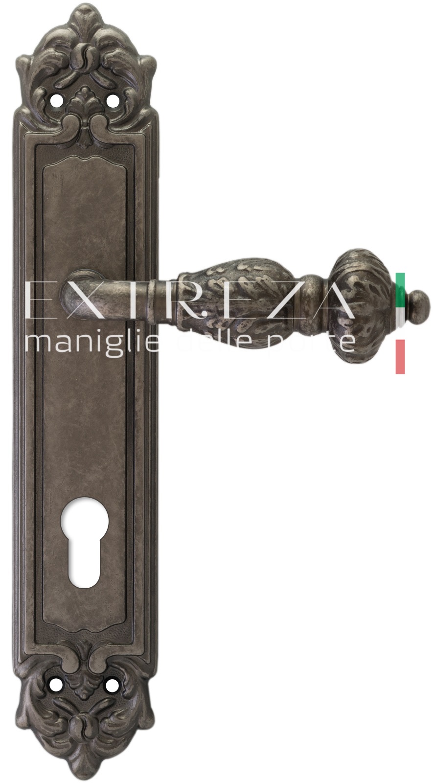 Ручка дверная Extreza TESLA (Тесла) 315 на планке PL02 CYL античное серебро F45