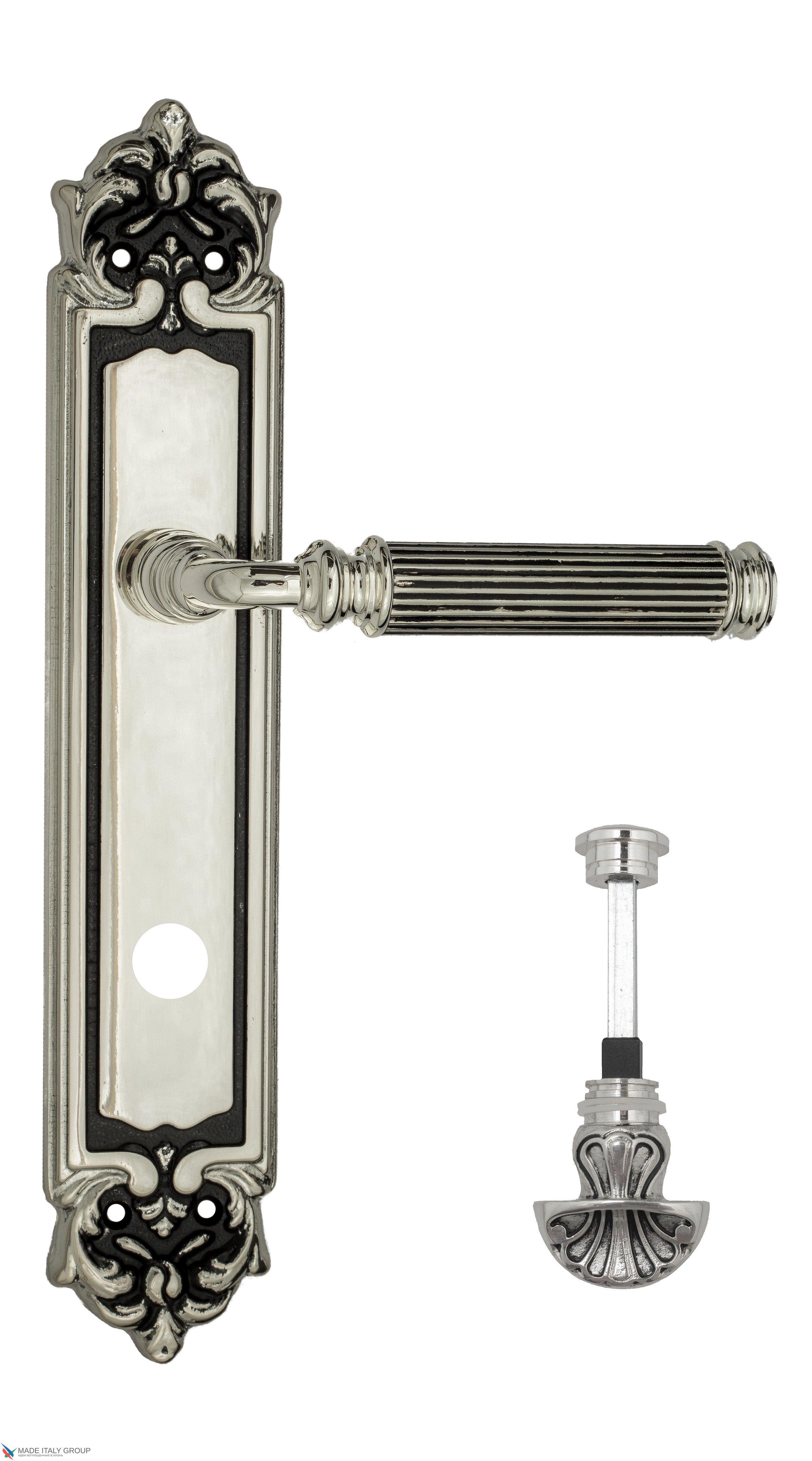 Дверная ручка Venezia "MOSCA" WC-4 на планке PL96 натуральное серебро + черный