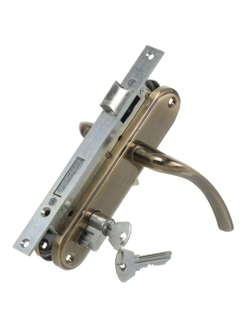 Замок Omega (Омега) врезной цилиндровый с защёлкой в комплекте с ручкой ЗВ4-70.27 (ант.бронза), 4 кл.