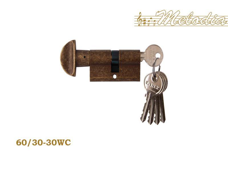 Цилиндр для замка Melodia 60mm (25+10+25) Античная бронза ключ/вертушка