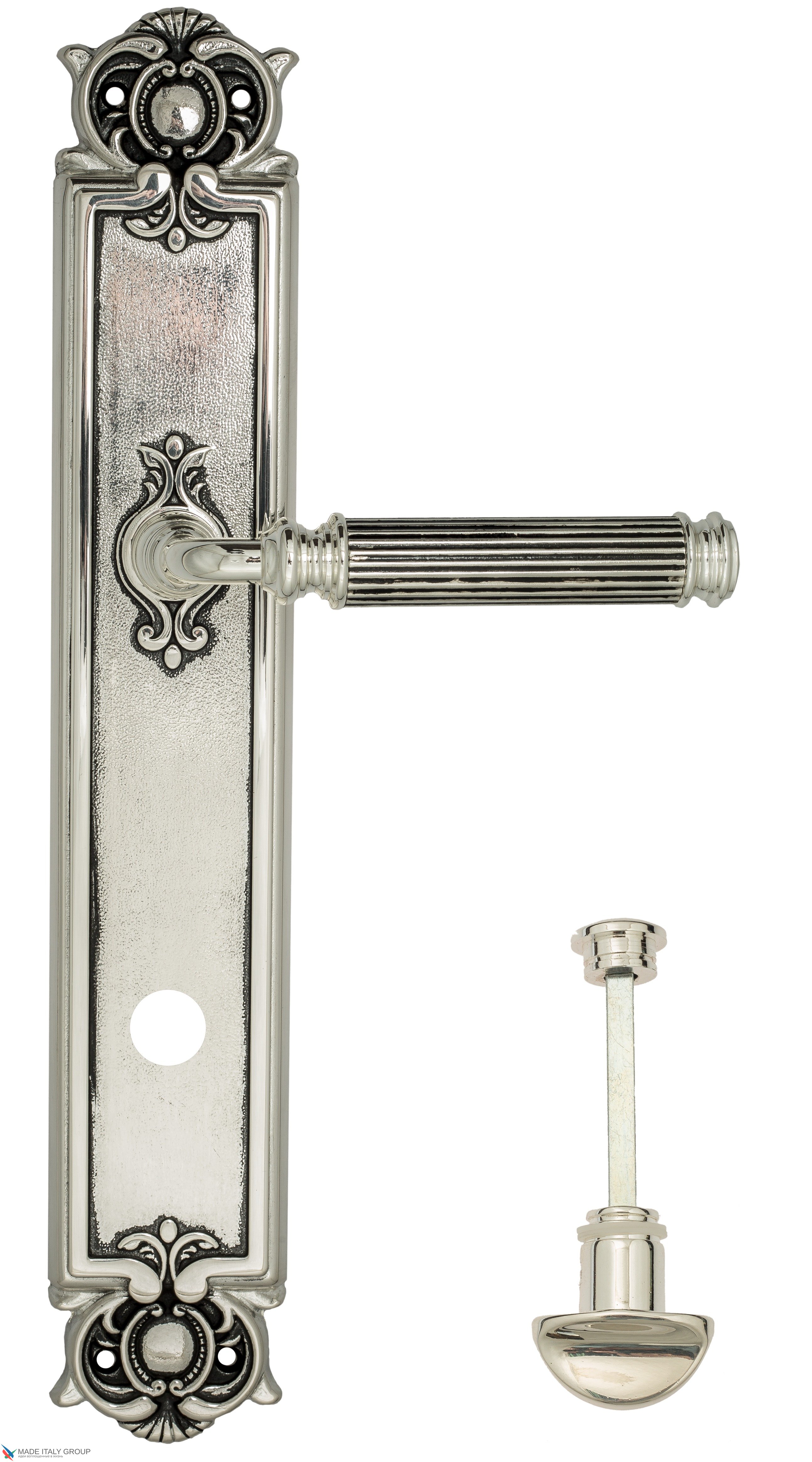 Дверная ручка Venezia "MOSCA" WC-2 на планке PL97 натуральное серебро + черный