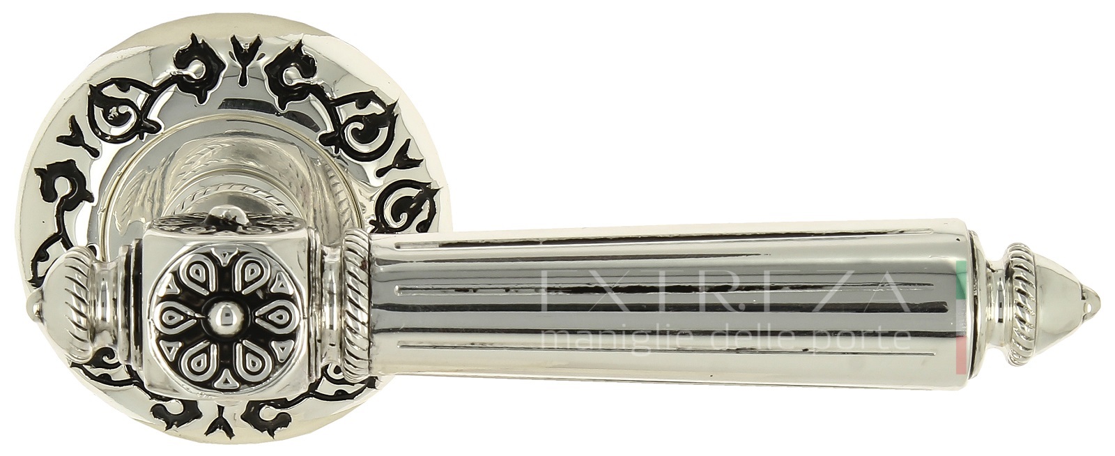 Ручка дверная Extreza LEON (Леон) 303 на розетке R04 натуральное полированное серебро + черный F24