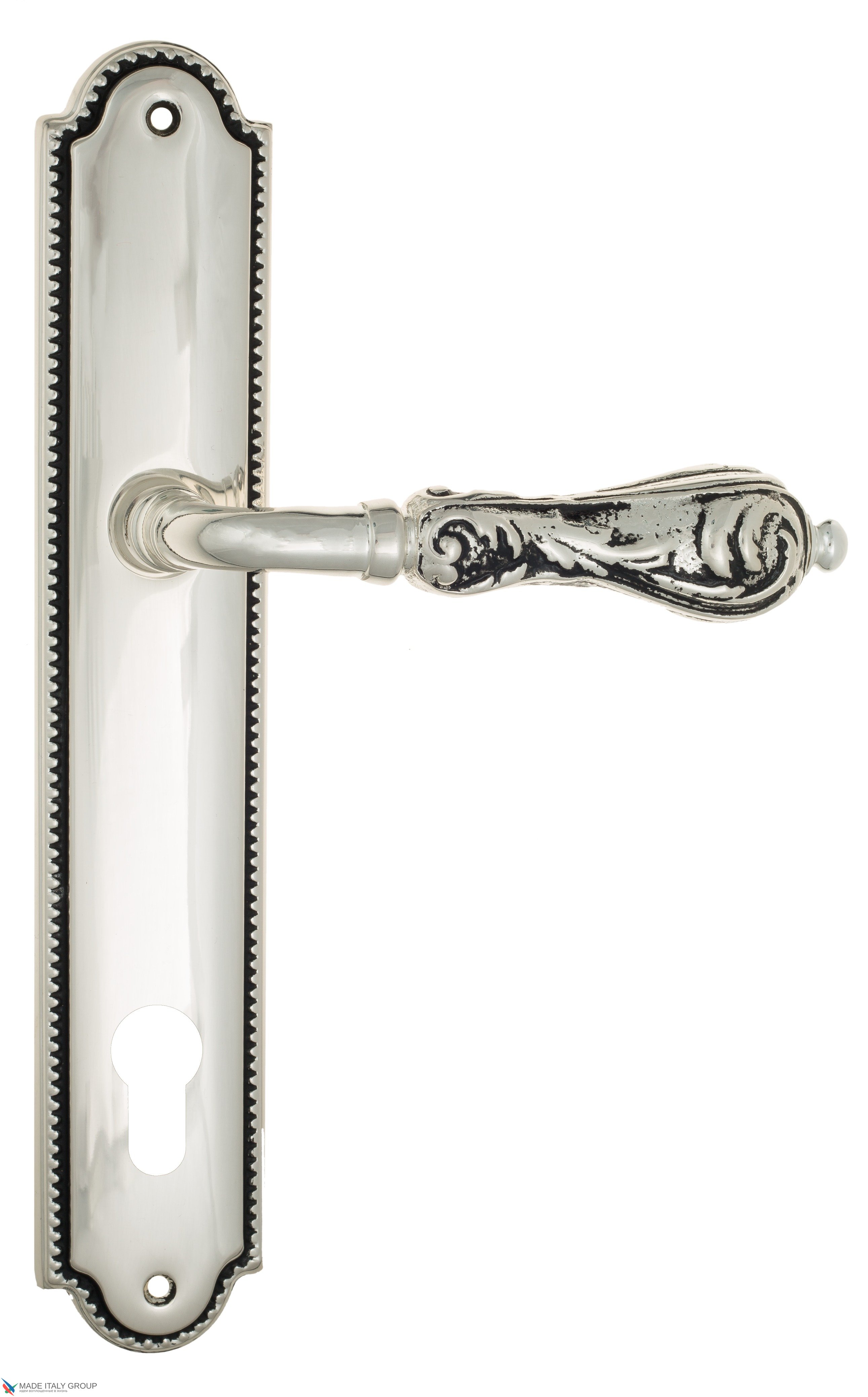 Дверная ручка Venezia "MONTE CRISTO" CYL на планке PL98 натуральное серебро + черный