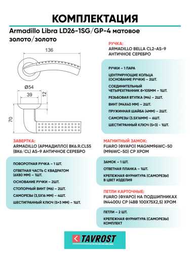 Комплект: Ручки Armadillo Libra LD26-1SG/GP-4+Завертка+Магн замок и Петли Fuaro/матов золото/золото