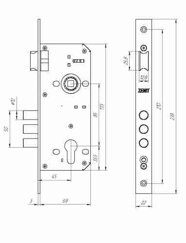 Замок врезной цилиндровый с защёлкой в комплекте с ручкой ЗВ4-85.3 (медь), 5 кл.