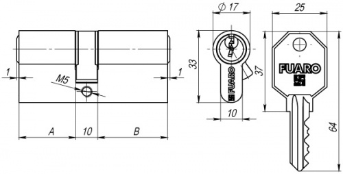Цилиндровый механизм Fuaro 100 CA 80 mm (35+10+35) CP хром 3 кл.
