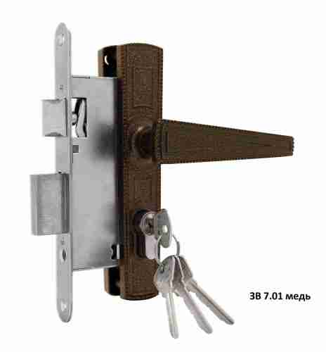 Ручка дверная на планке с замком под цилиндр с защелкой ОМЕГА ЗВ7.01 (медь), 4 кл.