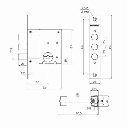 Замок Fuaro (Фуаро) врезной сувальдный MDV812/S-60.00.3R14 4key