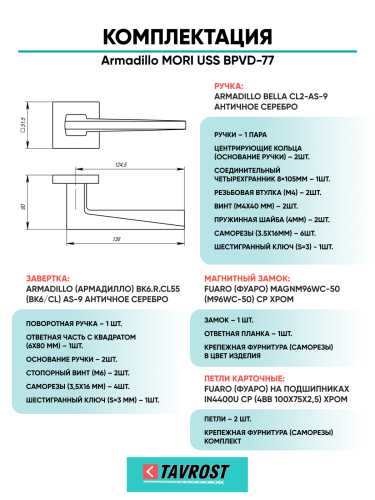 Комплект: Ручки Armadillo MORI USS BPVD-77+Завертка+Магнитный замок и Петли Fuaro/вороненый никель