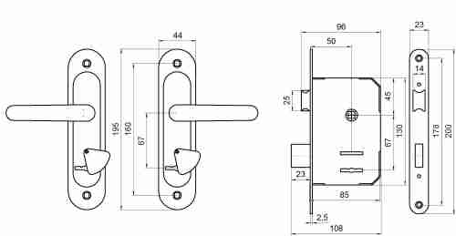 Замок врезной сувальдный с защёлкой в комплекте с ручкой ЗВ9.2-08 (медь антик), 3 кл.