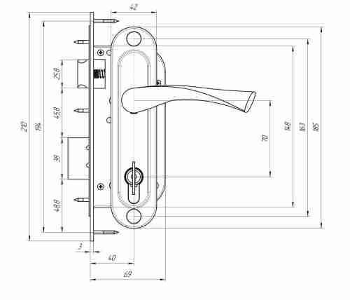 Замок врезной цилиндровый с защёлкой в комплекте с ручкой ЗВ4-70/07 (медь антик), 4 кл.
