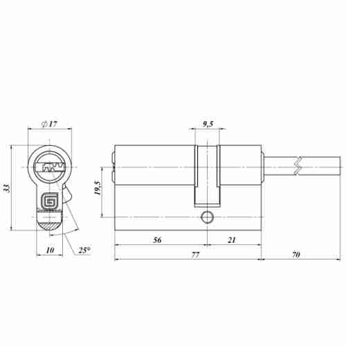 Цилиндровый механизм со штоком GB 77 мм (56/21/70SH) G латунь 5 кл. /128:5076/