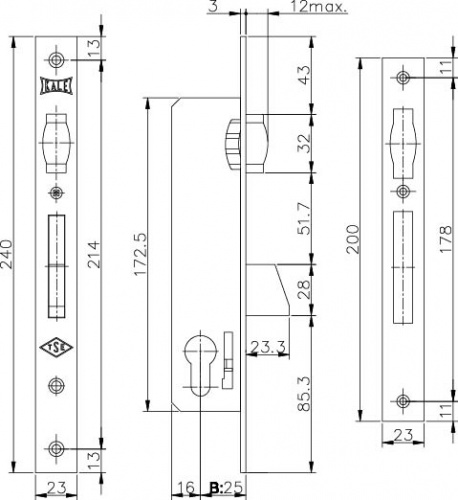 Корпус узкопрофильного замка с роликовой защёлкой KALE KILIT 255 (25 mm) w/b (никель)