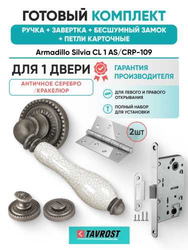 Комплект: Ручки Armadillo Silvia CL 1 AS/СRP-109+Завертка+Бесшумн замок и Петли Fuaro/ант серебро