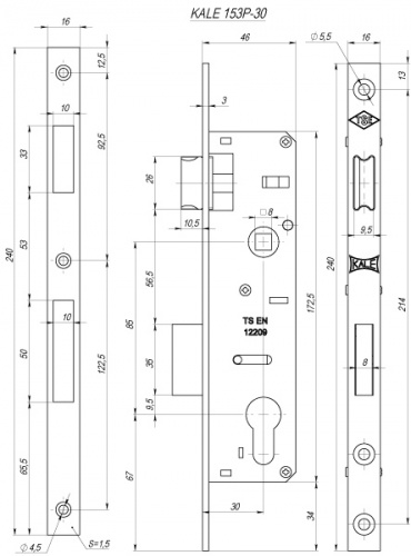 Корпус узкопрофильного замка с защёлкой KALE KILIT 153/P (30 mm) w/b хром