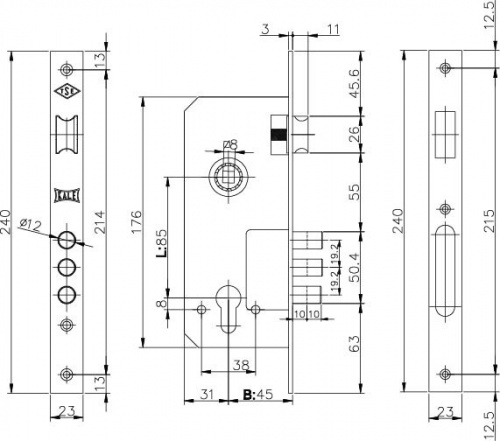 Корпус врезного замка с защёлкой KALE KILIT 152/3MR (45 mm) w/b (латунь)