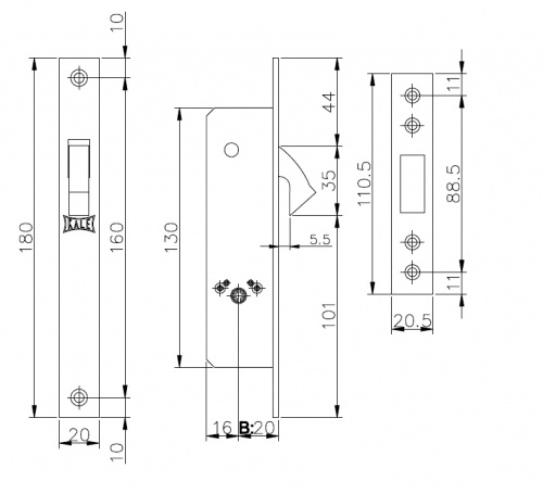 Замок врезной крестообразный узкопрофильный KALE KILIT 201F (20 mm) (никель), 3 кл.