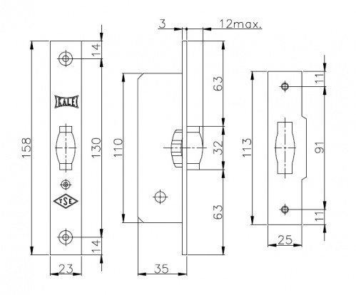 Защелка врезная для качающихся дверей ролик KALE KILIT 155/B 35 mm латунь