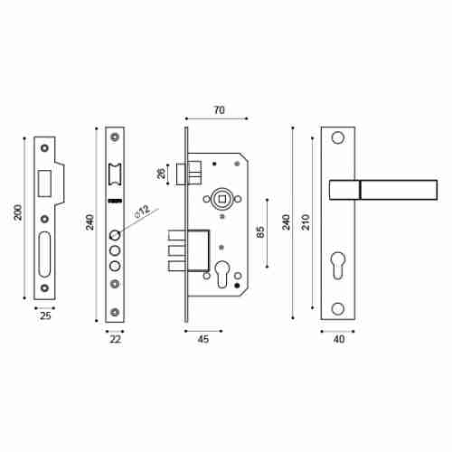 Замок  цилиндровый с защёлкой в комплекте с ручкой Punto KIT P90 4585/3 ORION SN/CP мат. никель/хр