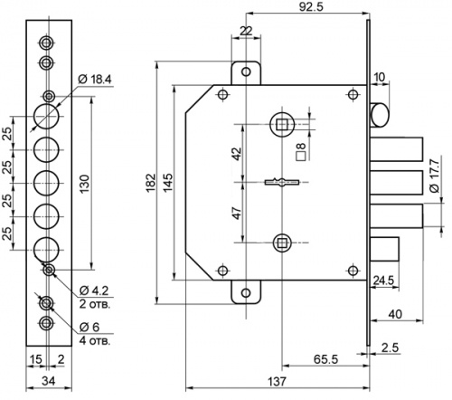 Замок врезной сувальдный с задвижкой и защёлкой BORDER ЗВ9-6 ПКТЗ с тягами прав., 5 кл. /77404/