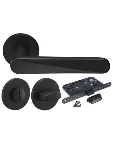 Комплект дверных ручек Morelli MH-58-R6 BL с заверткой MH-WC-R6 BL + магнитный замок M1895 BL, цвет черный