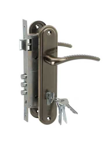 Замок Omega (Омега) врезной цилиндровый с защёлкой в комплекте с ручкой ЗВ4-85.27 (ант.бронза), 4 кл.