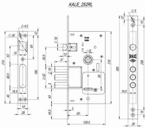 Замок врезной сувальдный с защёлкой 252/RL, 5 кл. (кл. 60 мм)