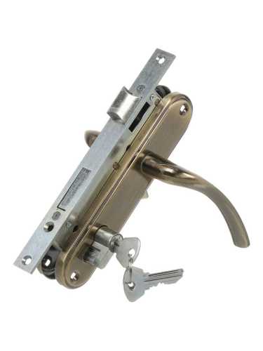 Замок Omega (Омега) врезной цилиндровый с защёлкой в комплекте с ручкой ЗВ4-70.27 (ант.бронза), 4 кл.