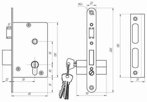 Ручка дверная на планке с замком под цилиндр с защелкой ЗЕНИТ ЗВ4-3.03 (бронза), 4 кл.