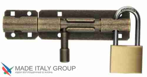 263OA15 Задвижка дверная, с отверствием для навесного замка ALDEGHI 150мм античная бронза