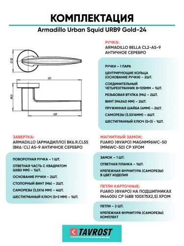 Комплект: Ручки Armadillo Urban Squid URB9 Gold-24+Завертка+Магнитный замок и Петли Fuaro/золото 24К